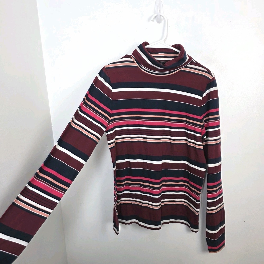 J. Crew Maroon Navy Multicolor Striped Fitted Turtleneck Sweater Size Large